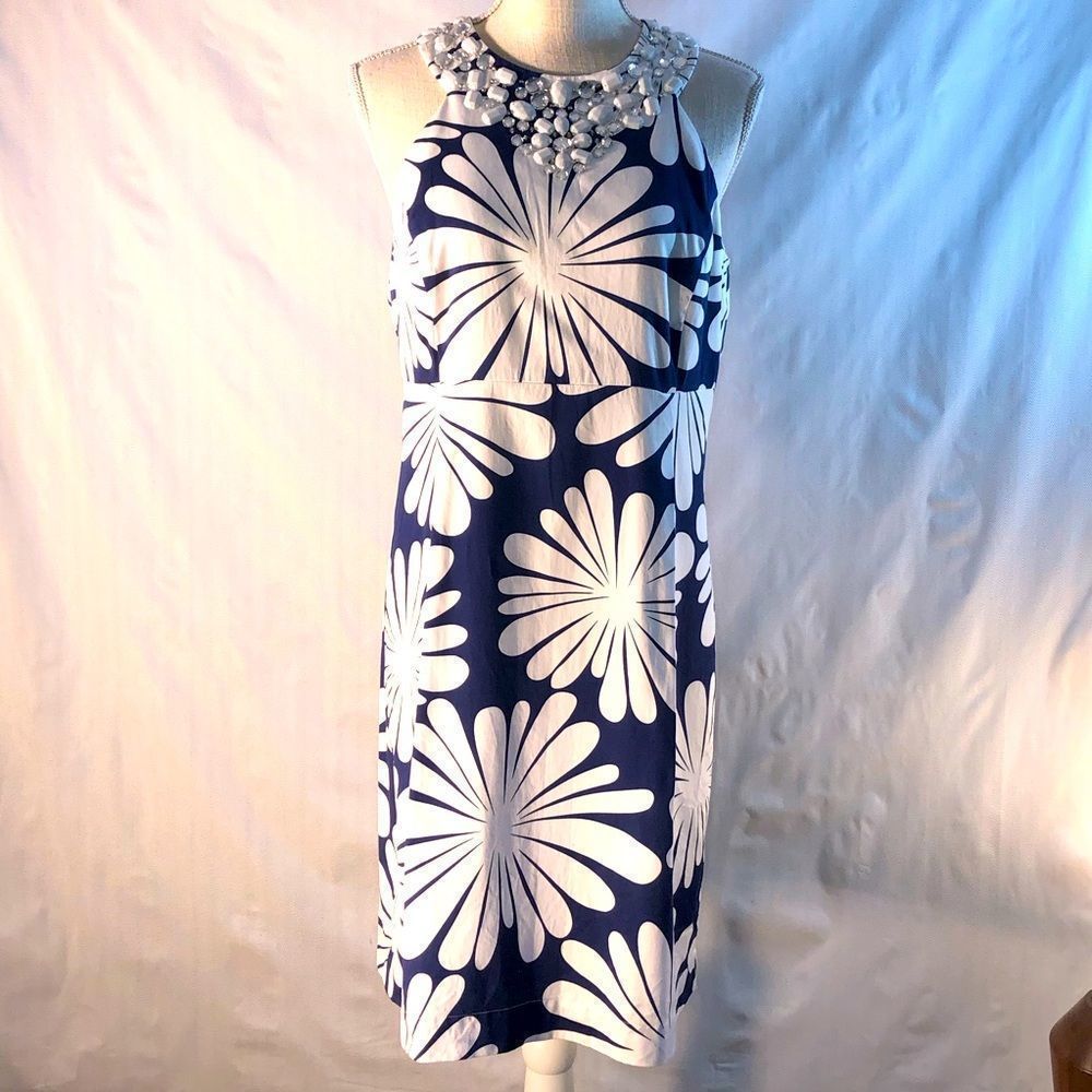 INC International Navy Blue With White Daisies Embellished Neckline 12